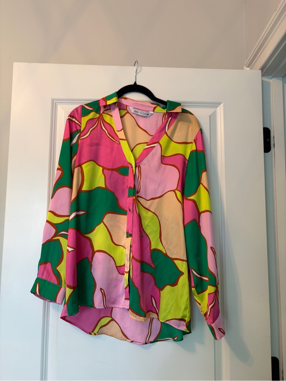 Zara Bright Pink Green Yellow Abstract Print Button-Down Blouse
